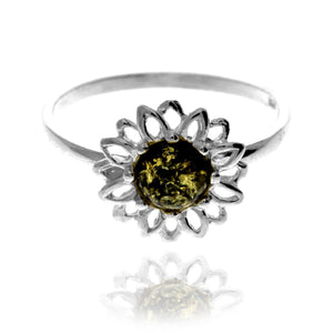 925 Sterling Silver & Baltic Amber Modern Sun Flower Designer Ring - GL734