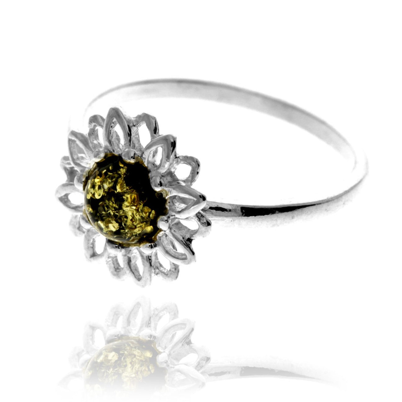 925 Sterling Silver & Baltic Amber Modern Sun Flower Designer Ring - GL734