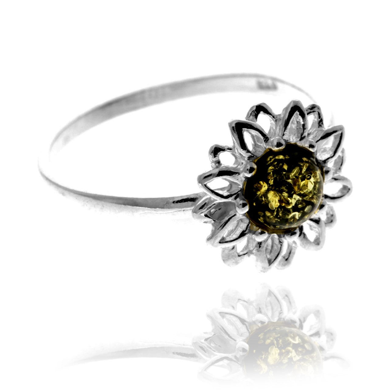 925 Sterling Silver & Baltic Amber Modern Sun Flower Designer Ring - GL734