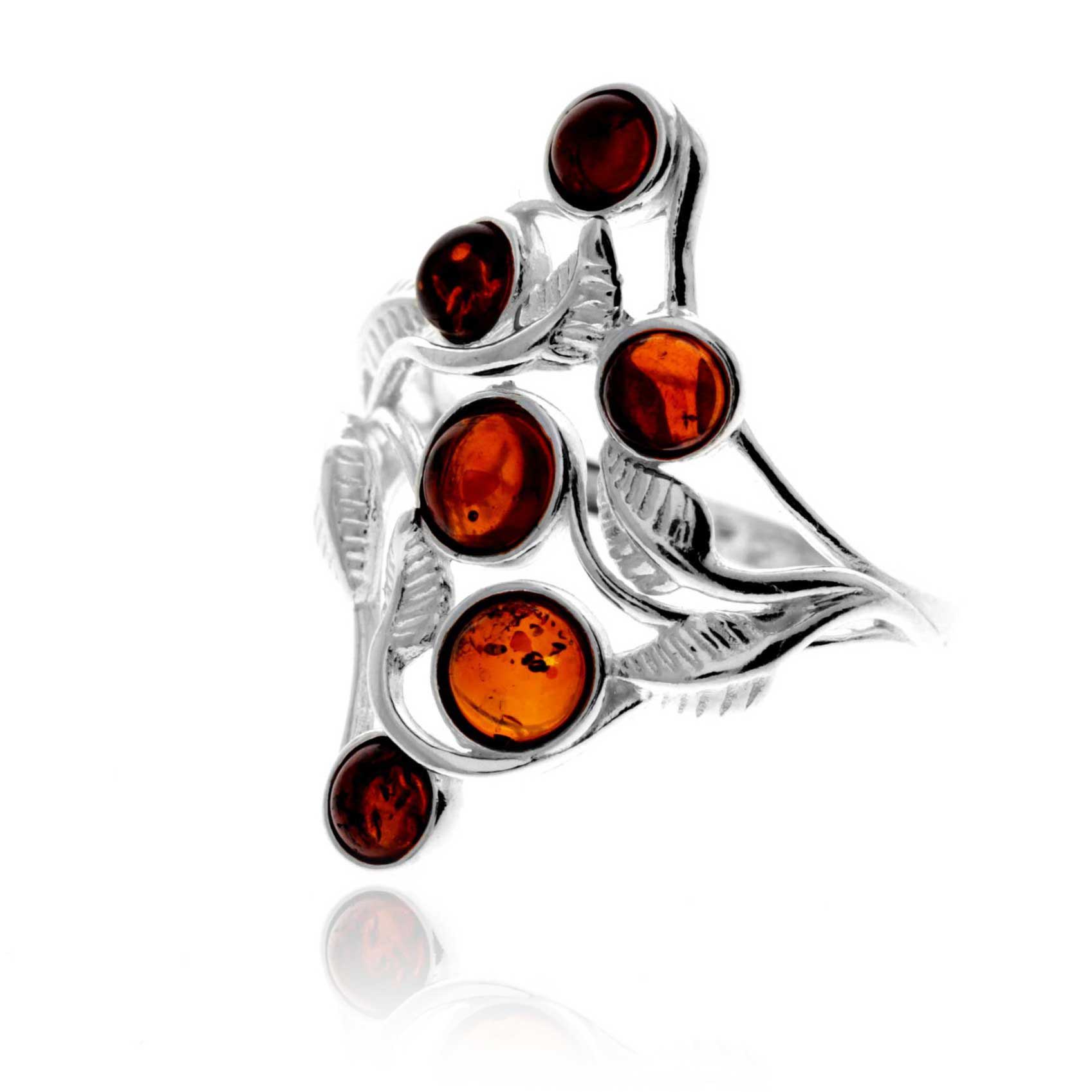 925 Sterling Silver & Genuine Baltic Amber Modern Multi-Stones Ring - GL758