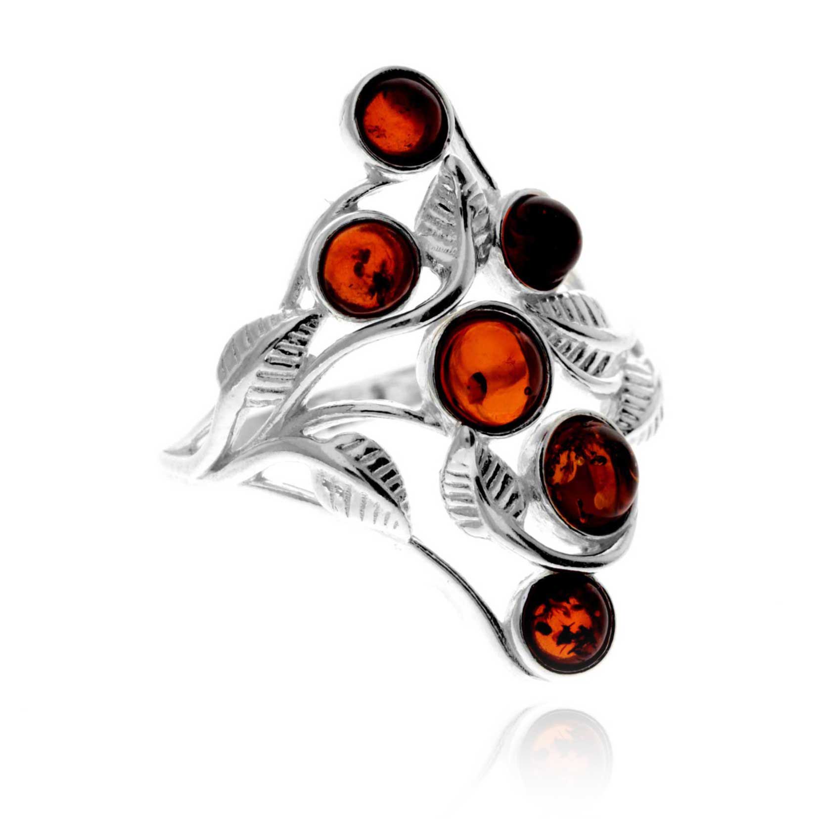 925 Sterling Silver & Genuine Baltic Amber Modern Multi-Stones Ring - GL758