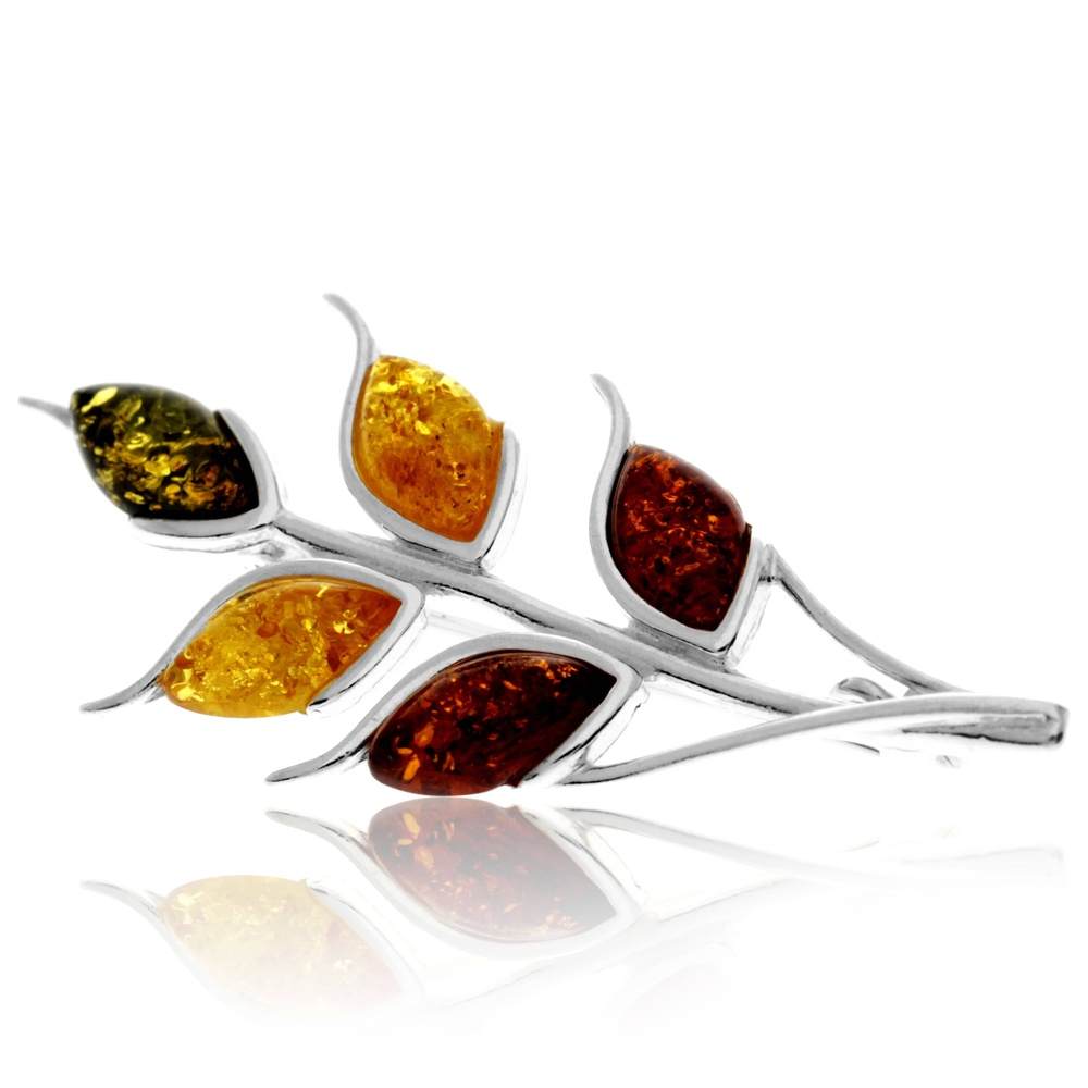 925 Sterling Silver & Genuine Baltic Amber Multi Stone Leaf Brooch - GL800