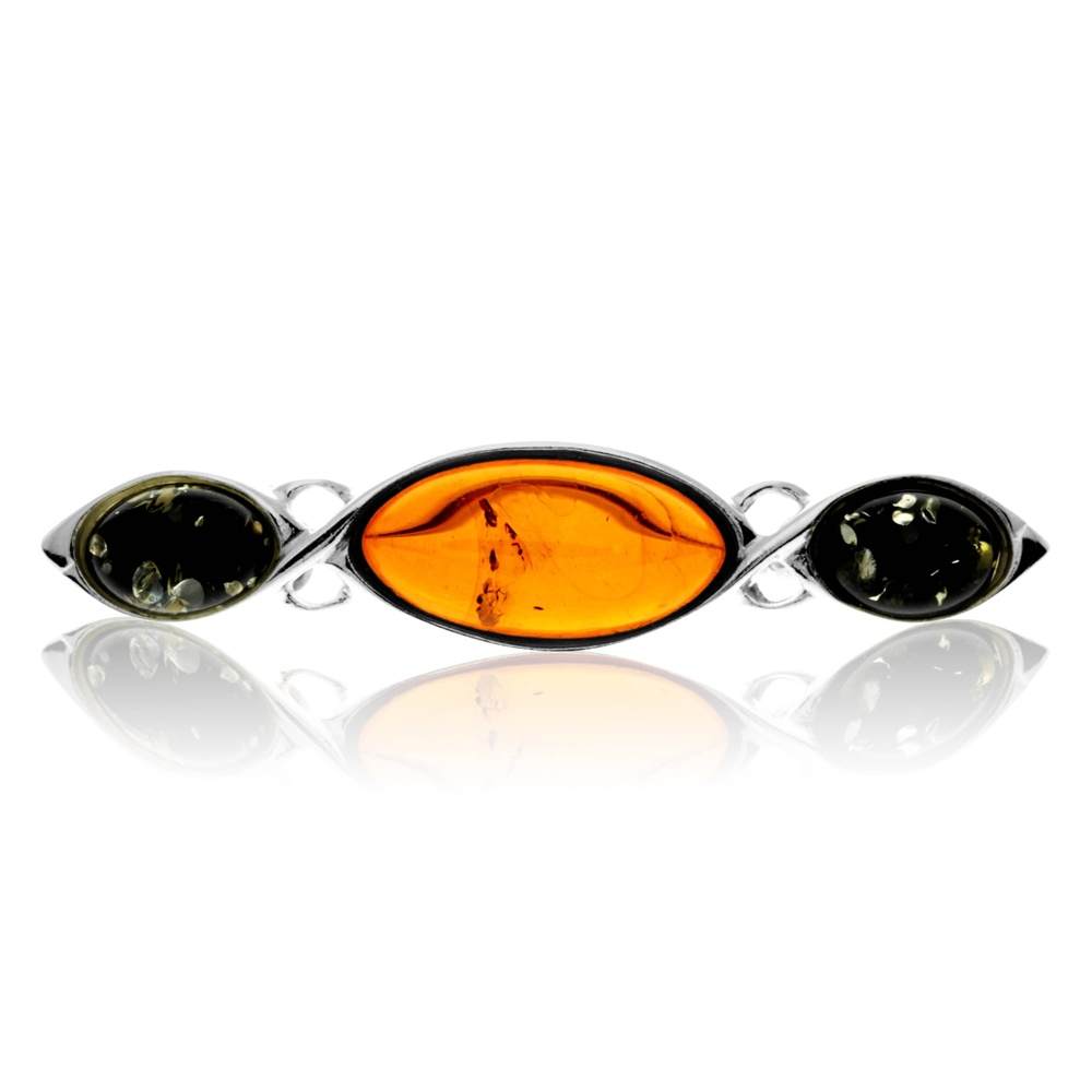 925 Sterling Silver & Genuine Baltic Amber 3 Stone Classic Brooch - GL802