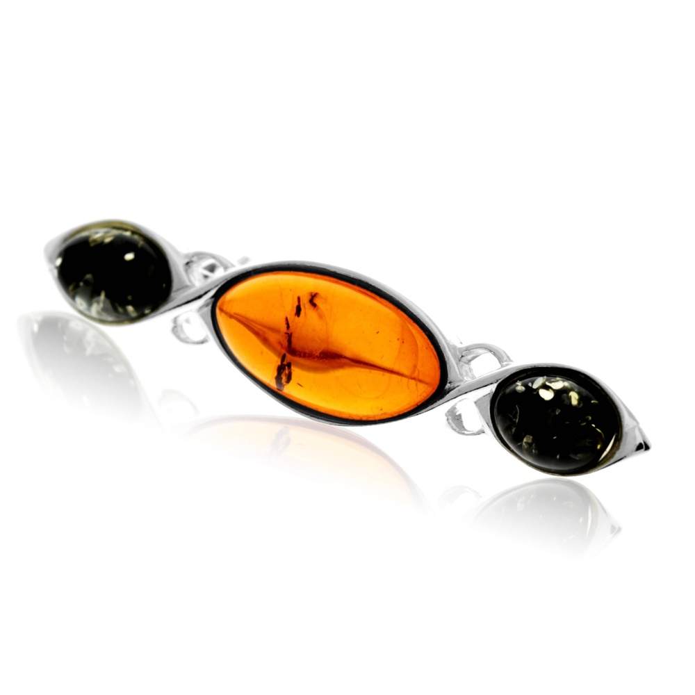 925 Sterling Silver & Genuine Baltic Amber 3 Stone Classic Brooch - GL802