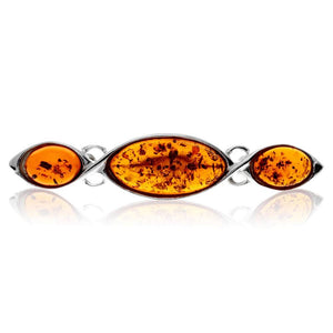 925 Sterling Silver & Genuine Baltic Amber 3 Stone Classic Brooch - GL802