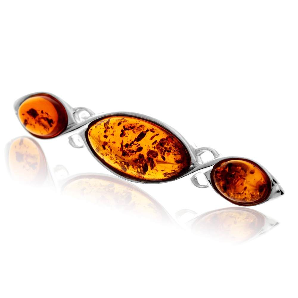 925 Sterling Silver & Genuine Baltic Amber 3 Stone Classic Brooch - GL802