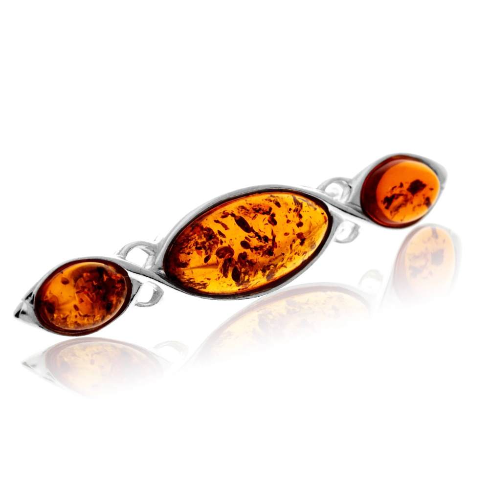 925 Sterling Silver & Genuine Baltic Amber 3 Stone Classic Brooch - GL802