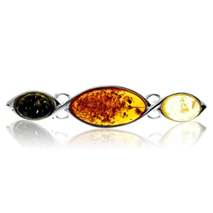 925 Sterling Silver & Genuine Baltic Amber 3 Stone Classic Brooch - GL802