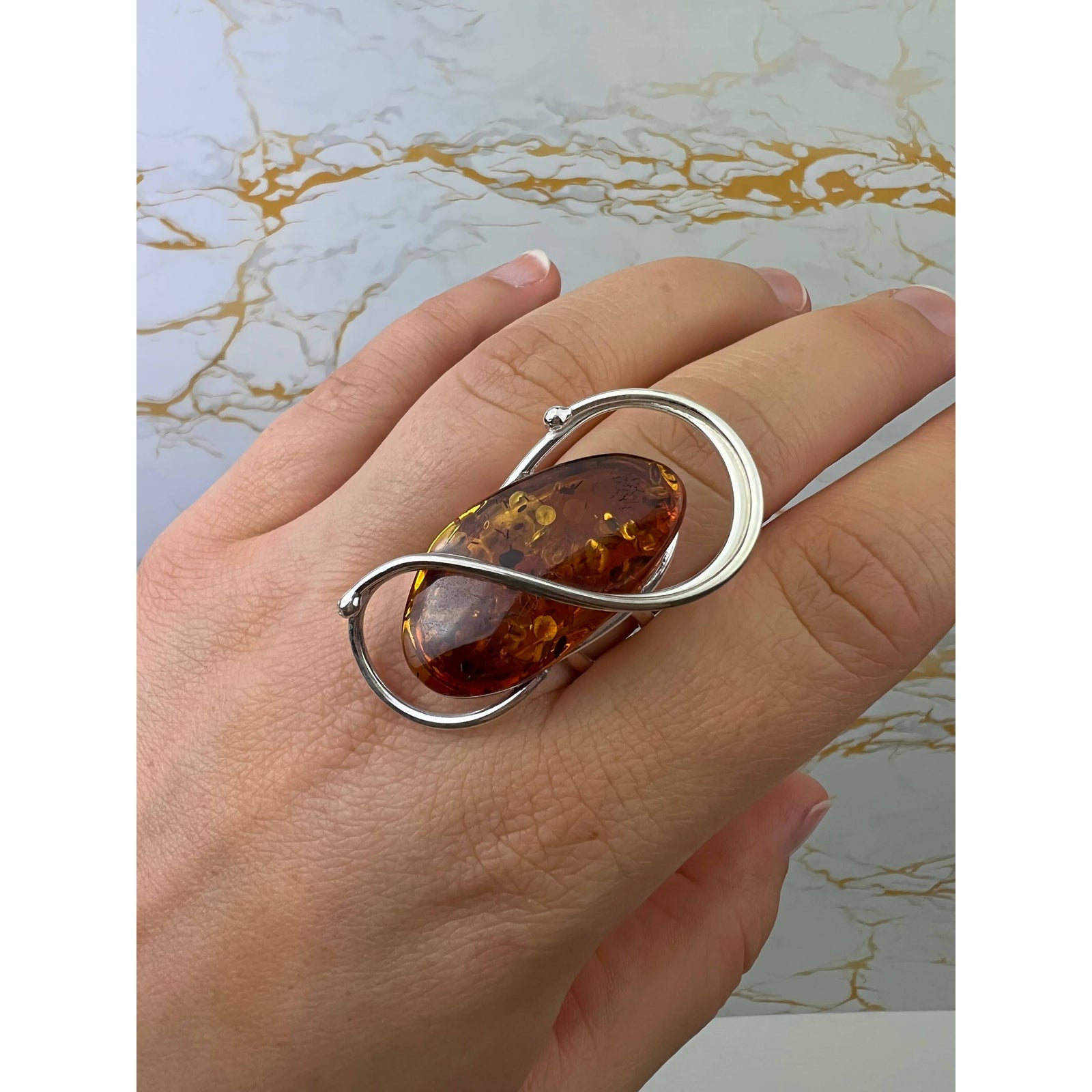 Ahberi Rings 925 Sterling Silver & Genuine Cognac Baltic Amber Unique Exclusive ...