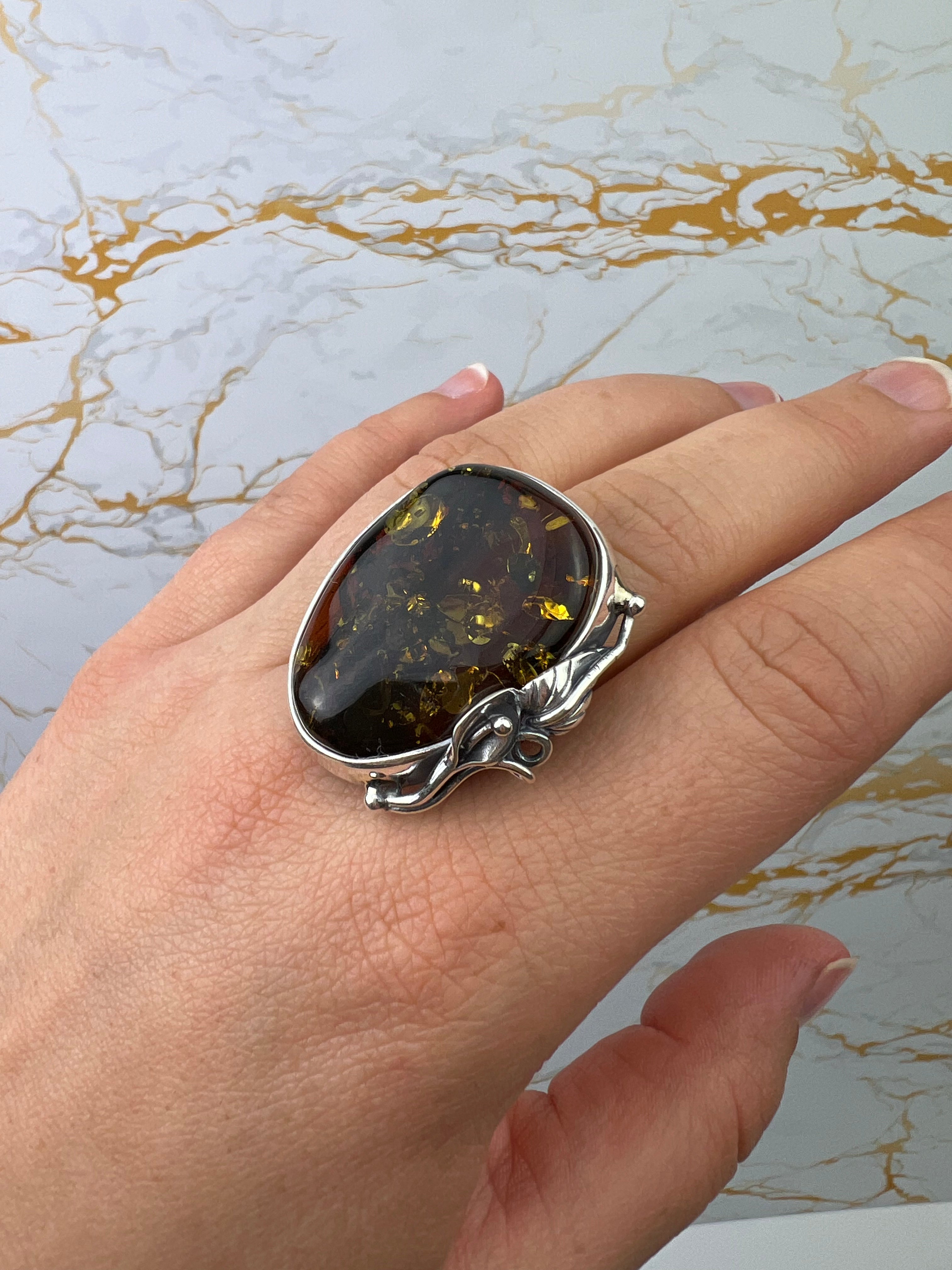 925 Sterling Silver & Genuine Green Baltic Amber Unique Exclusive Adjustable Ring - RG0762