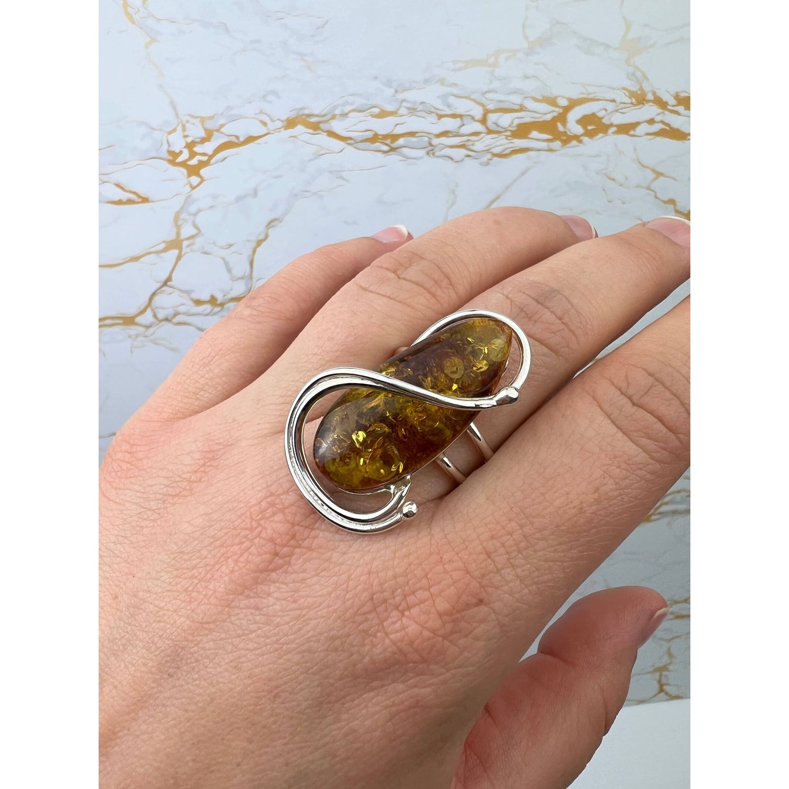 Ahberi Rings 925 Sterling Silver & Genuine Cognac Baltic Amber Unique Exclusive ...