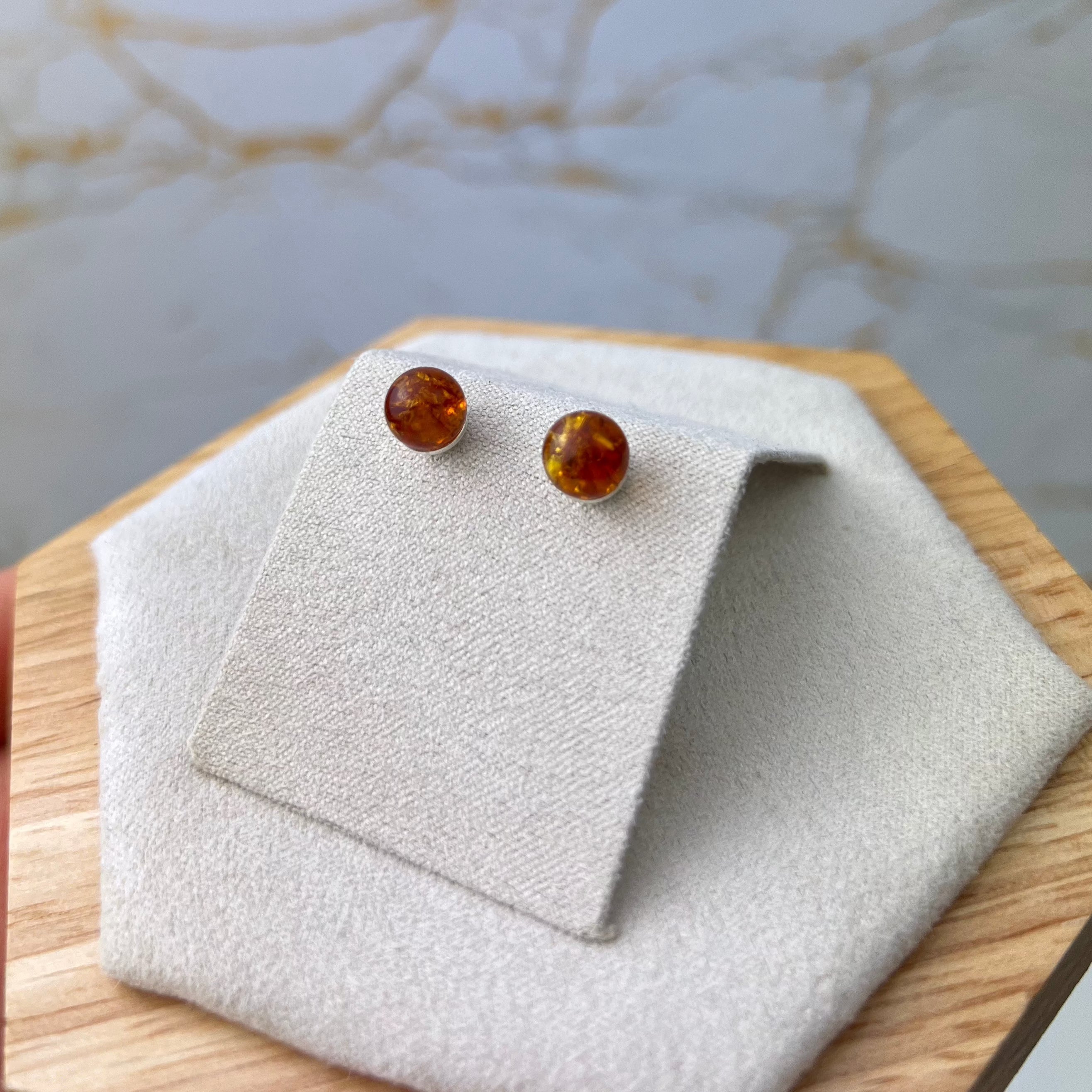 925 Sterling Silver & Genuine Baltic Amber Classic Ball Studs Earrings - GL079