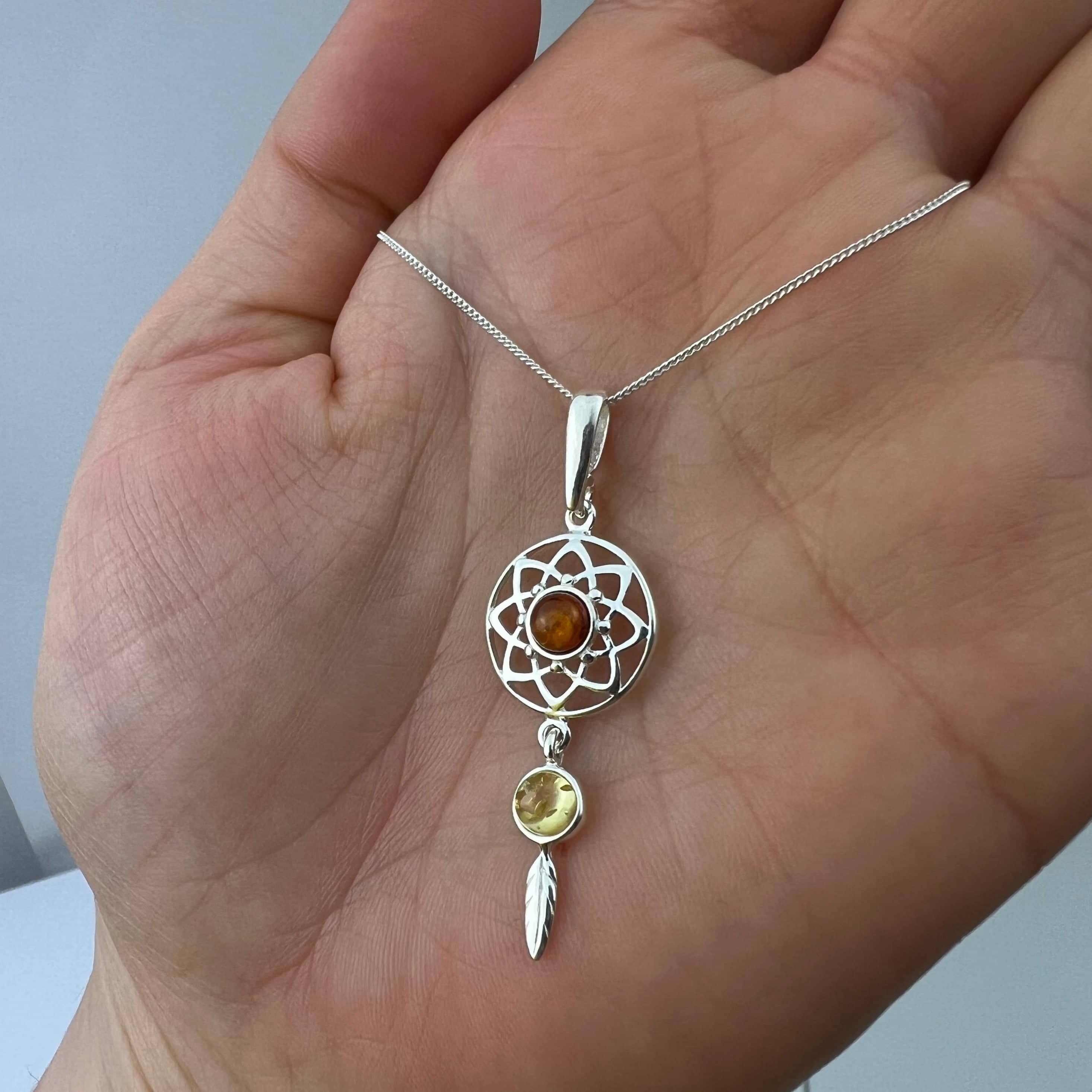 925 Steling Silver & Genuine Baltic Amber Celtic Dream Catcher Pendant - GL2060