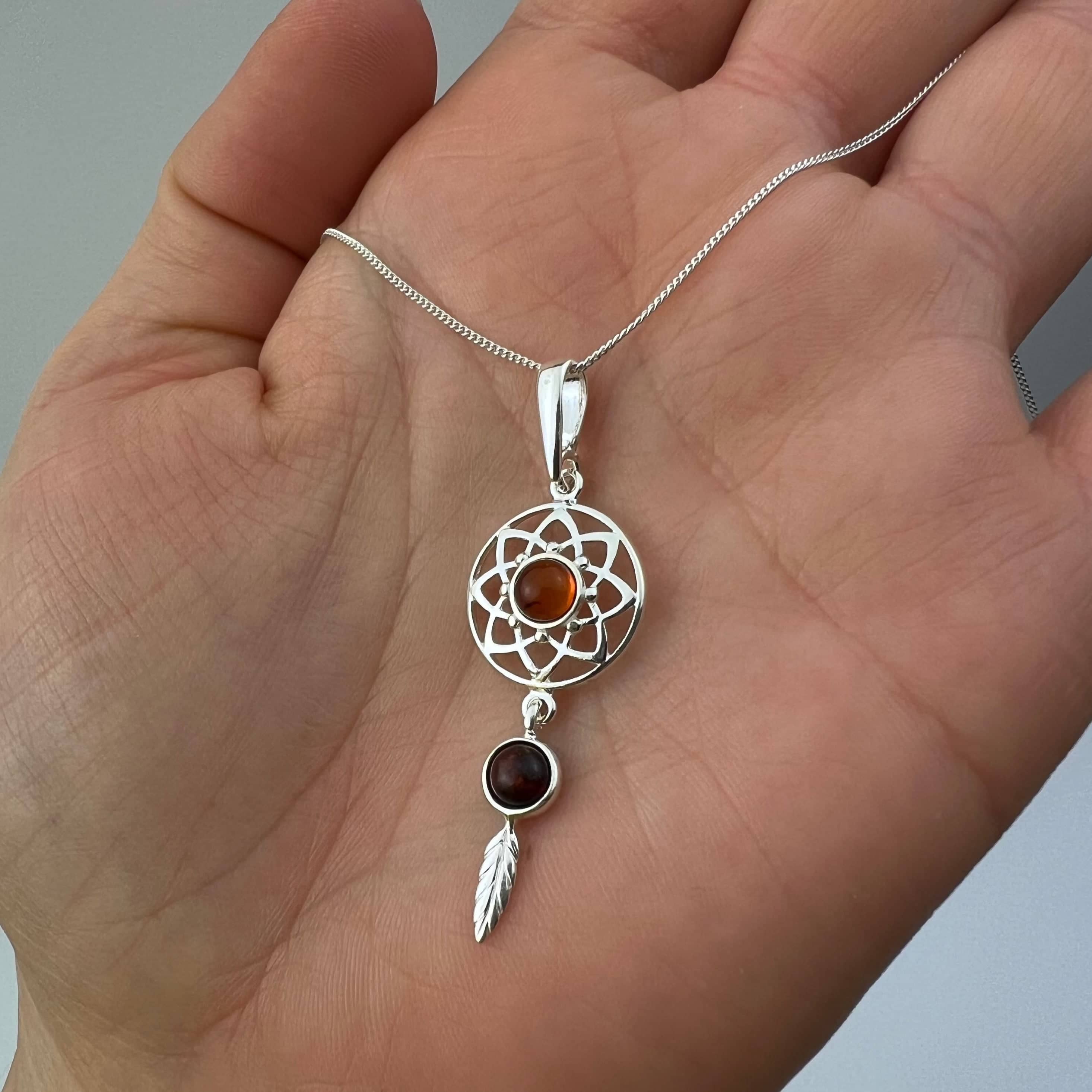 925 Steling Silver & Genuine Baltic Amber Celtic Dream Catcher Pendant - GL2060