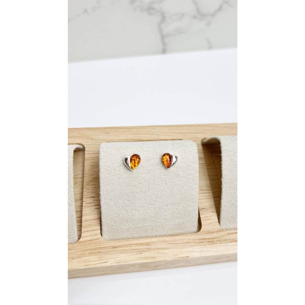 925 Sterling Silver & Genuine Baltic Amber Small Hearts Studs Earrings - GL011