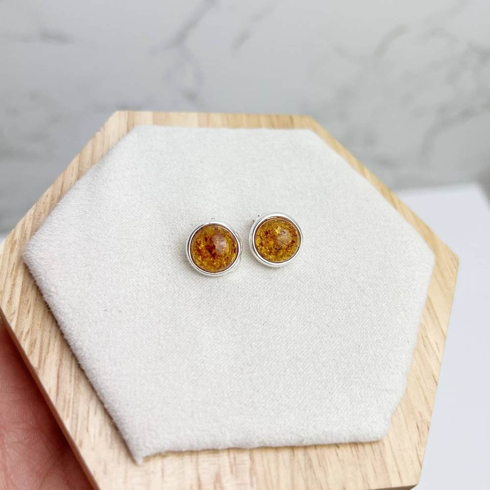 925 Sterling Silver & Genuine Baltic Amber Classic Round Clip on earrings - GL1036