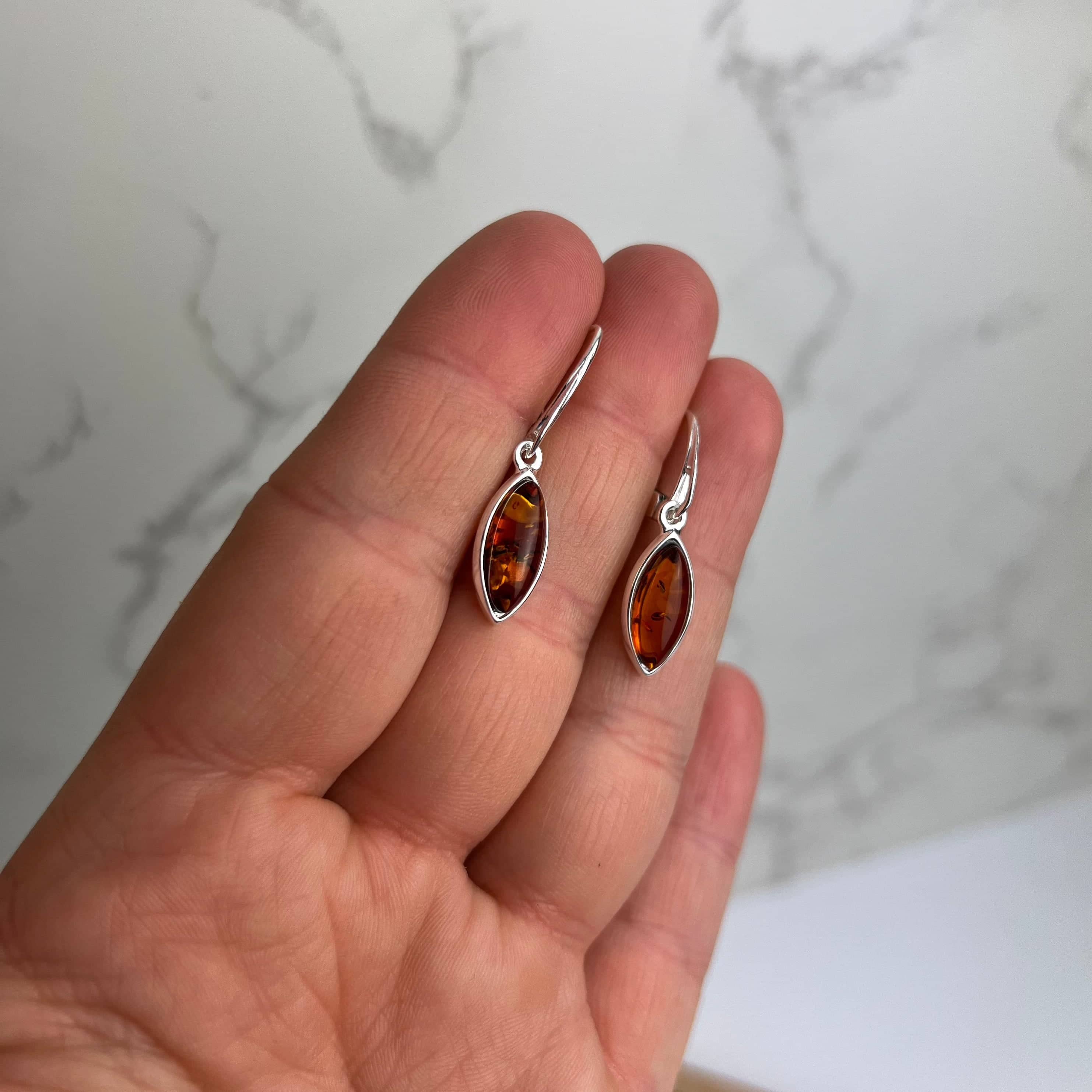 925 Sterling Silver & Genuine Baltic Amber Classic Drop Earrings - AE07