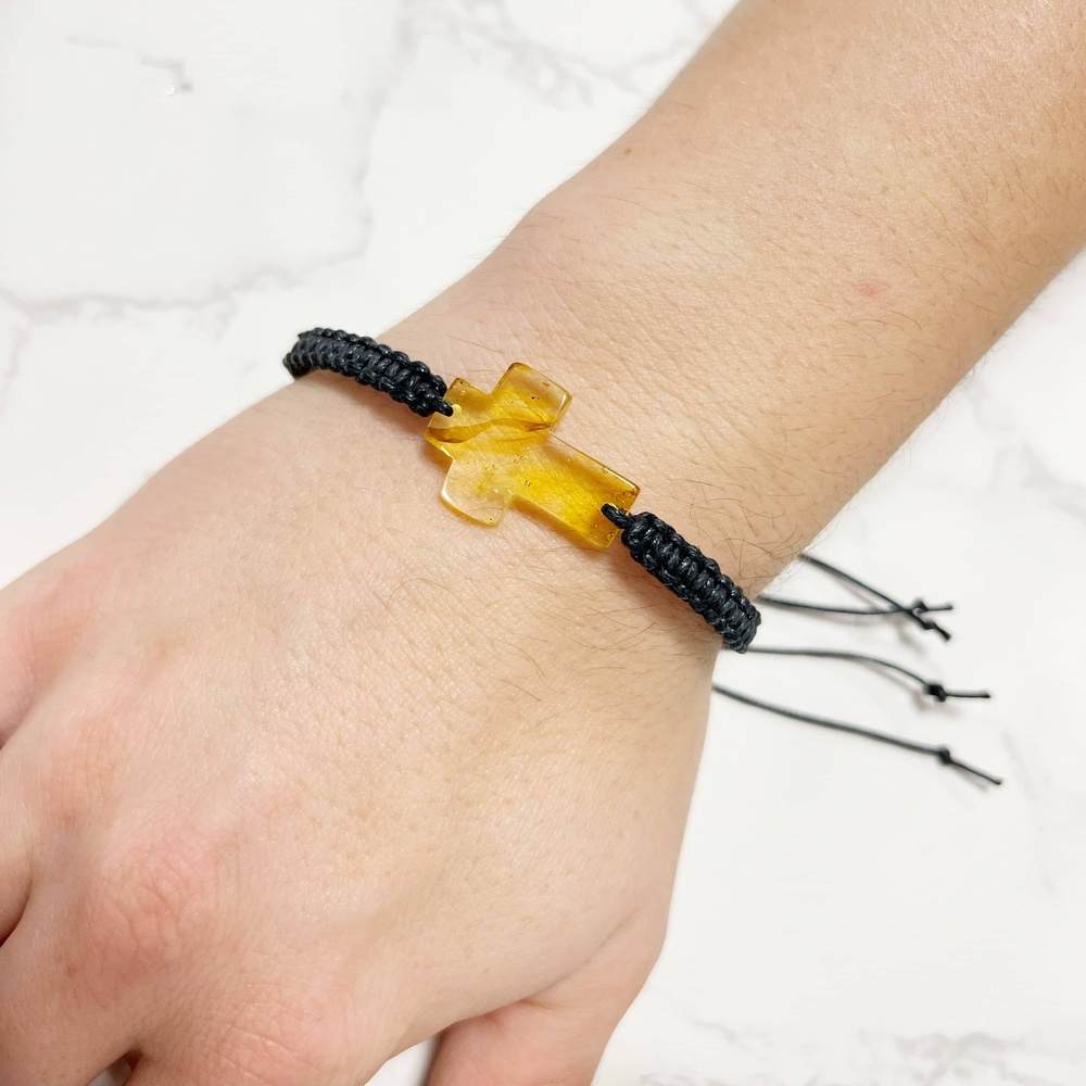 Genuine Baltic Amber Adjustable Bracelet for Men with Amber Cross - MB021