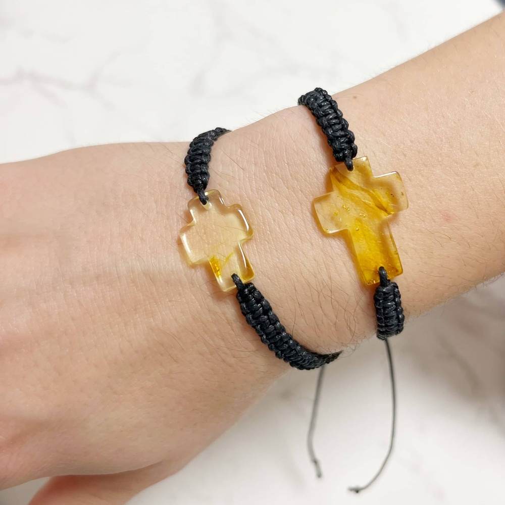 Genuine Baltic Amber Adjustable Bracelet for Men with Amber Cross - MB021