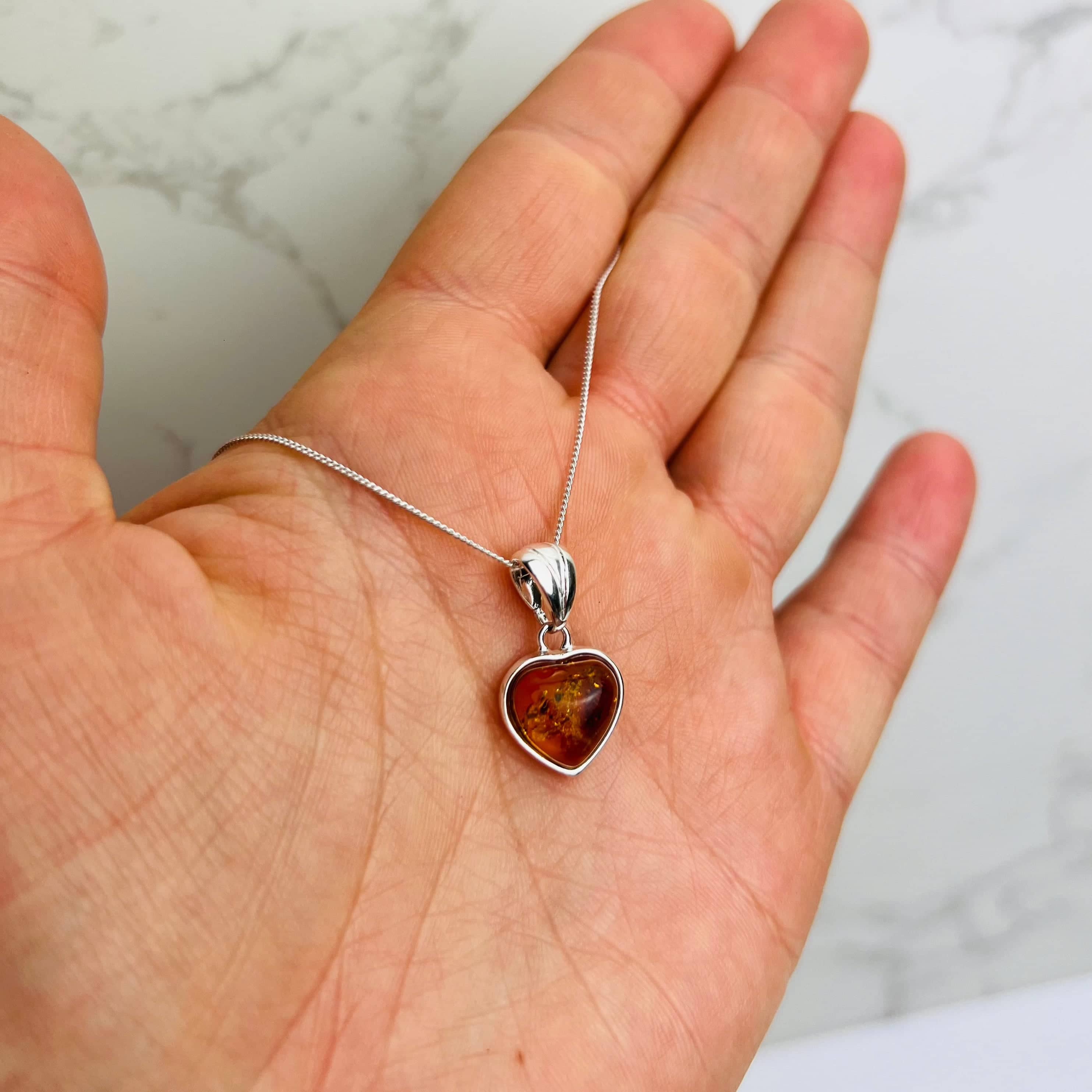 925 Sterling Silver & Genuine Baltic Amber Classic Heart Pendant - GL256B