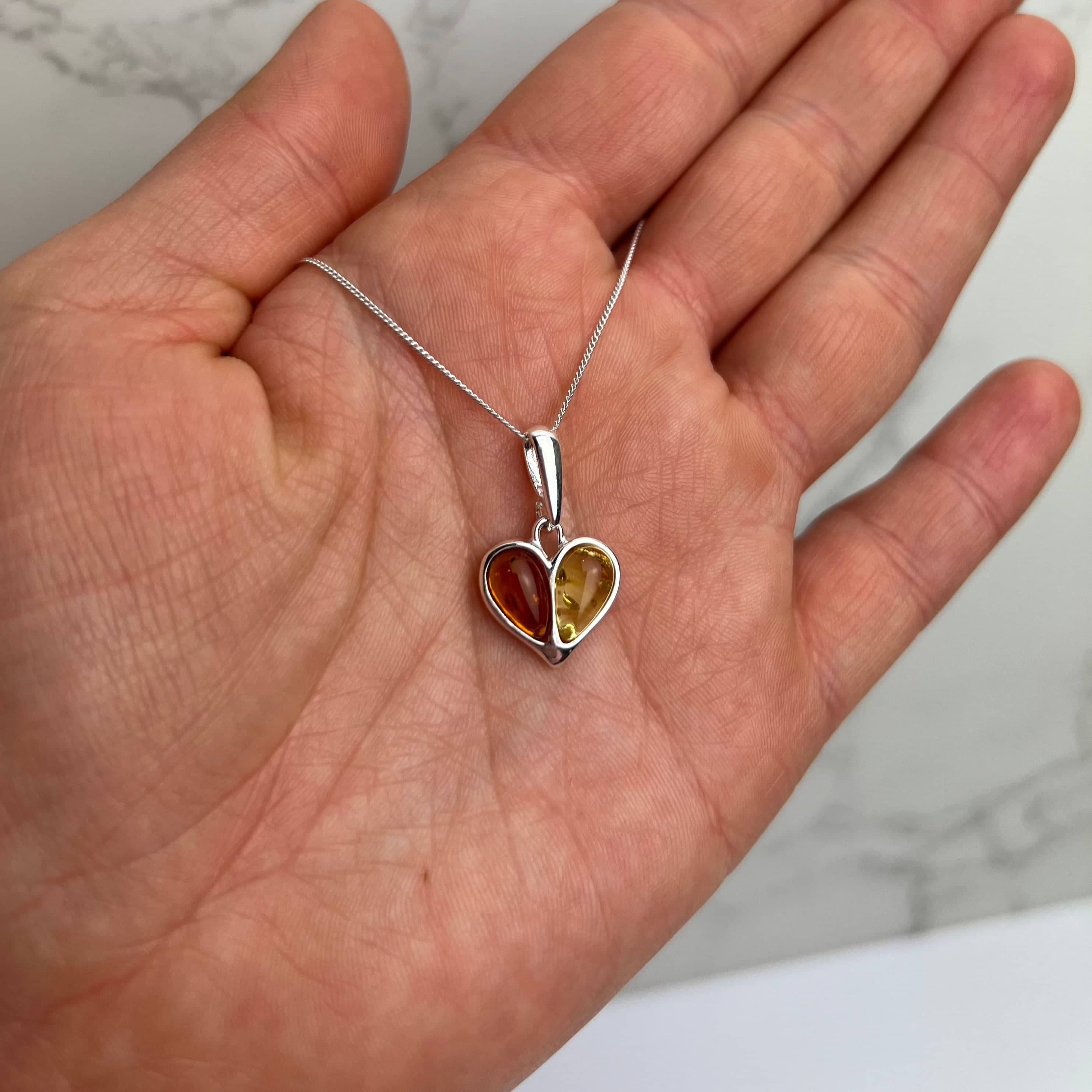 925 Sterling Silver & Genuine Teardrop Baltic Amber Classic Heart Pendant - GL244