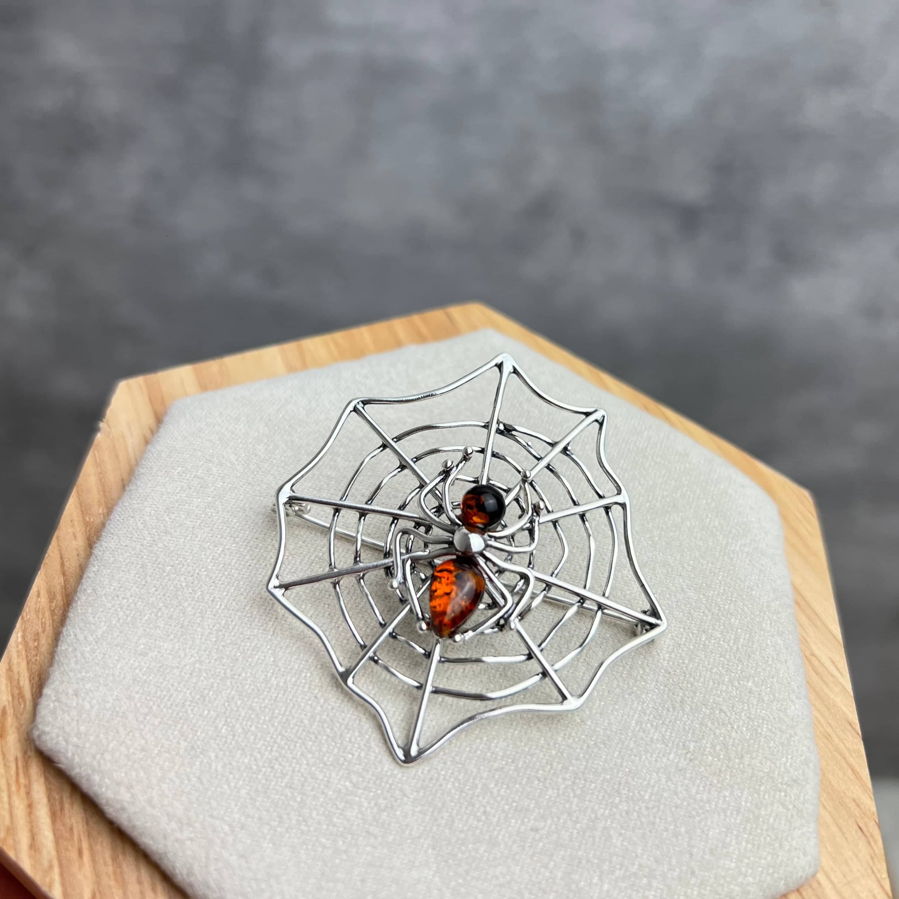 925 Sterling Silver & Baltic Amber Spider on the web Brooch - 4039