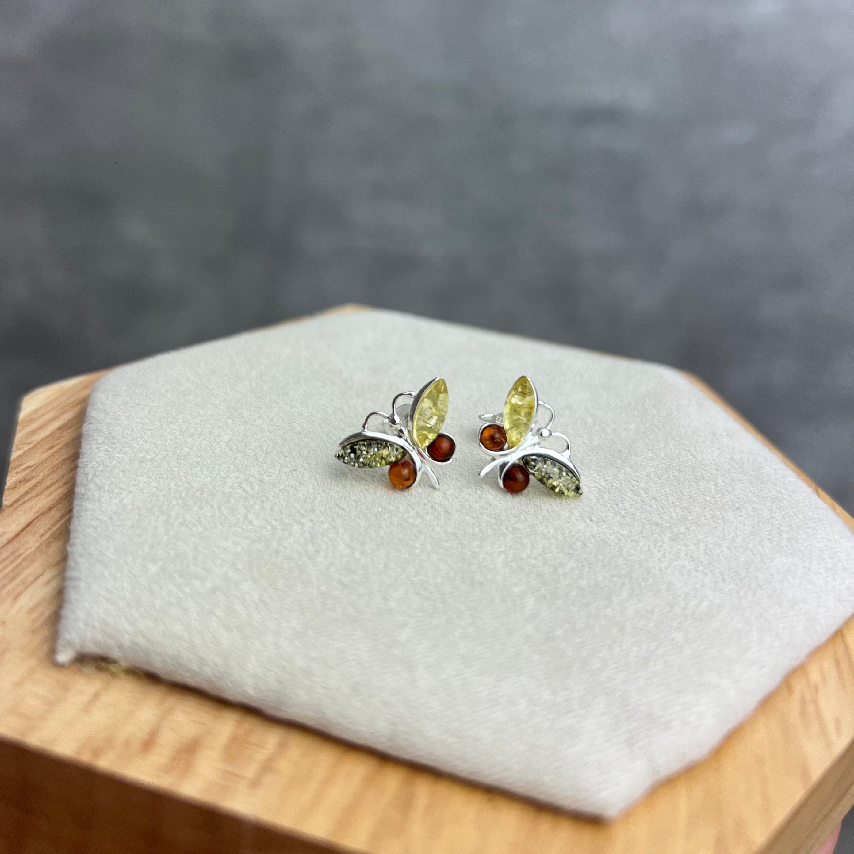 925 Sterling Silver & Baltic Amber Butterfly Studs Earrings - 8494