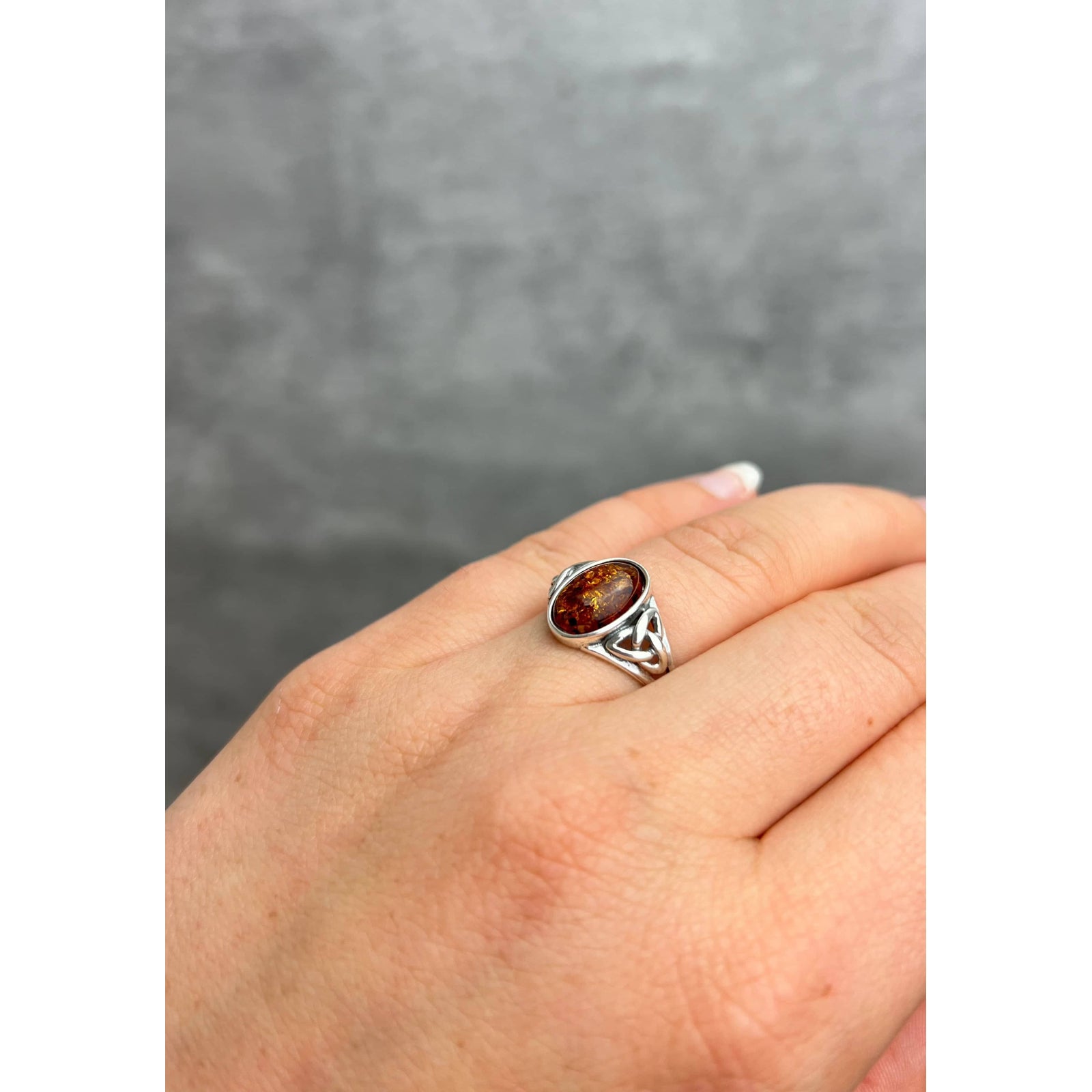 925 Sterling Silver & Genuine Baltic Amber Celtic Ring - 7390
