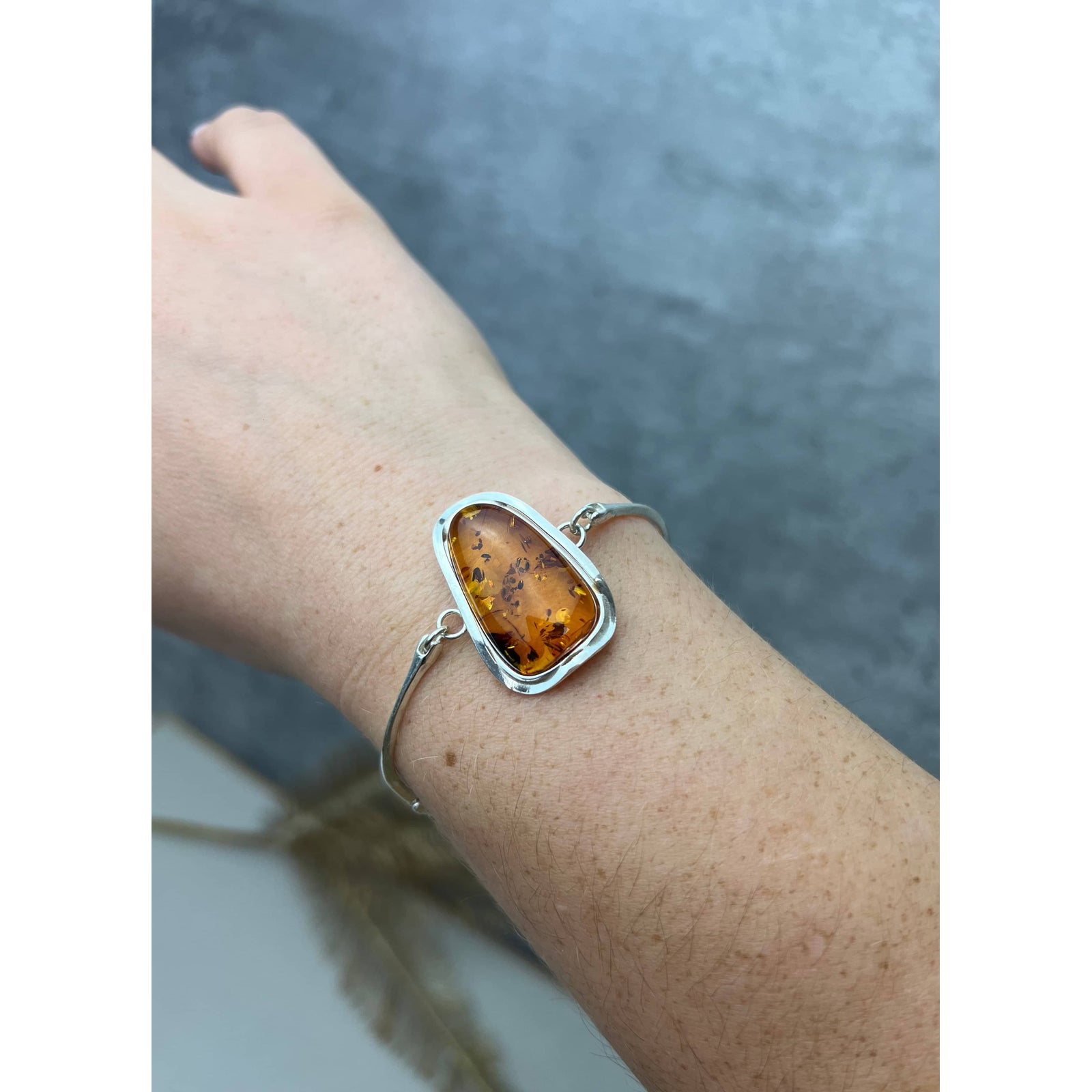 925 Sterling Silver & Genuine Cognac Baltic Amber Exclusive Bangle - BL0131