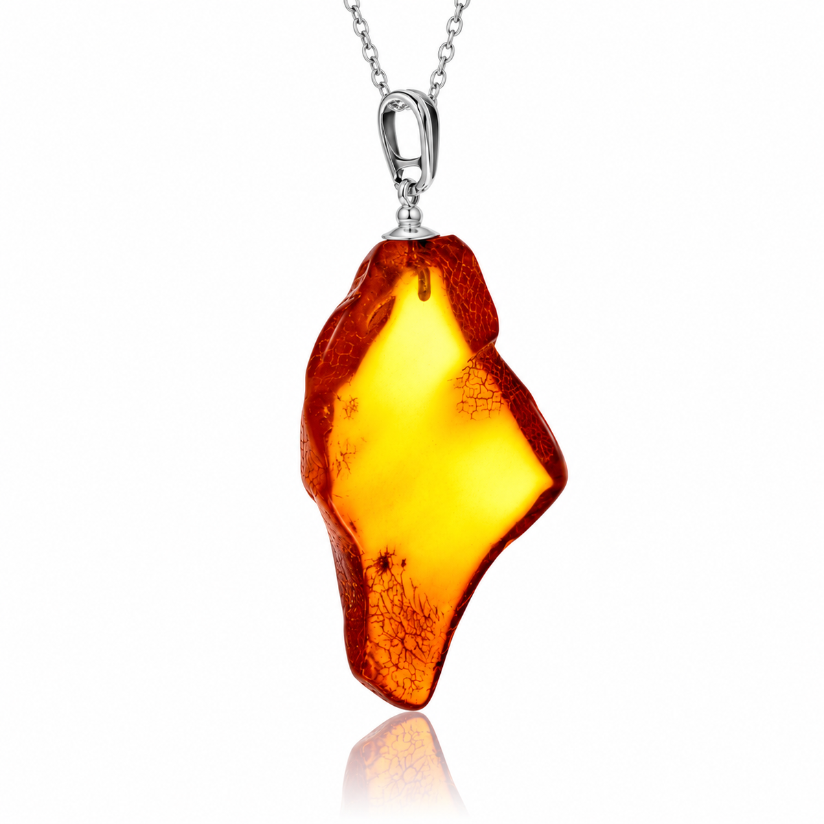 925 Sterling Silver & Genuine Cognac Baltic Amber Exlusive Unique Pendant - J-PD-46