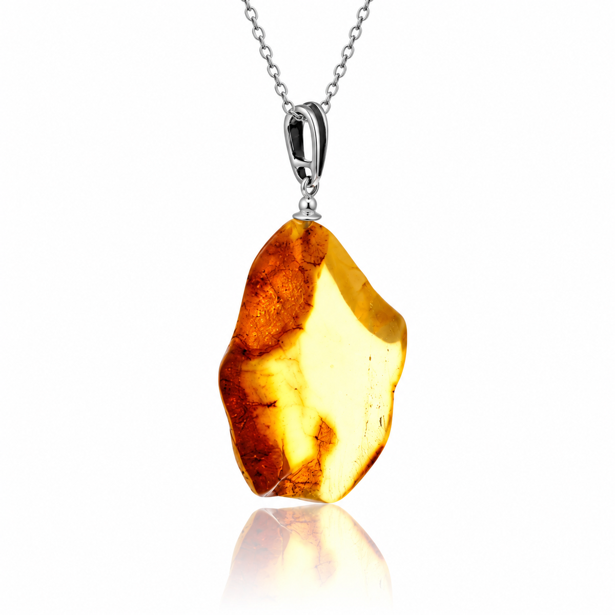 925 Sterling Silver & Genuine Cognac Baltic Amber Exlusive Unique Pendant - J-PD-50