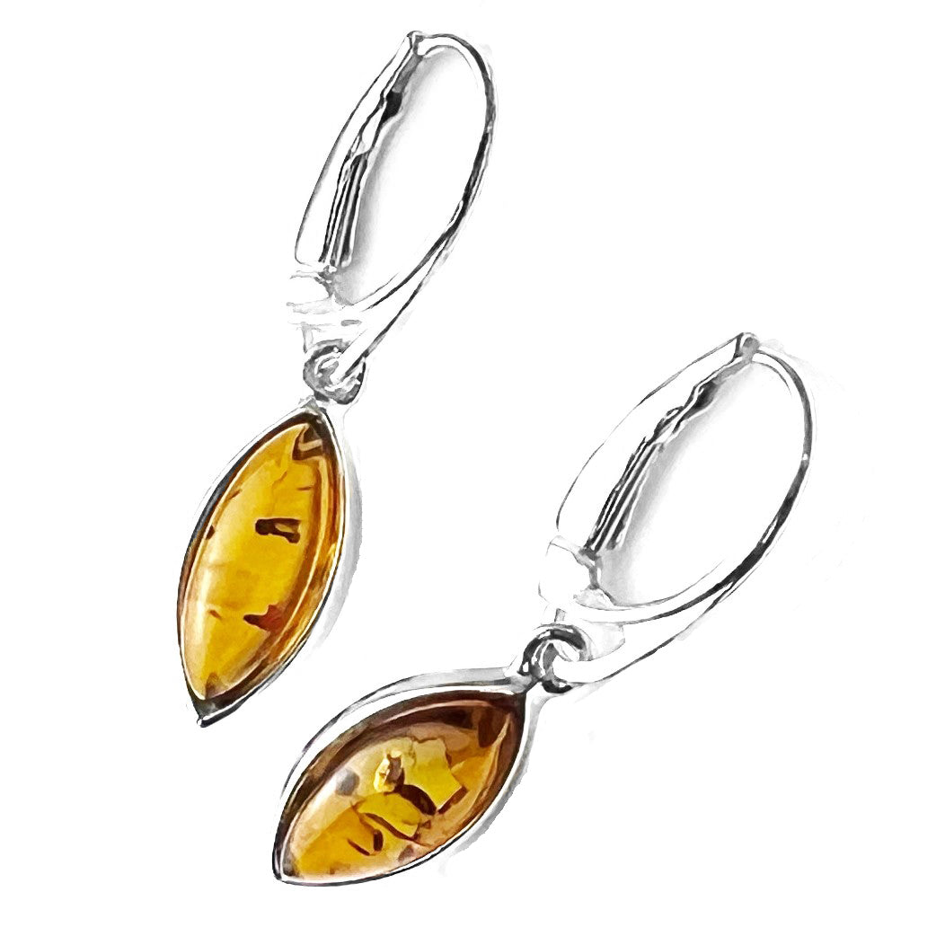 925 Sterling Silver & Genuine Baltic Amber Classic Drop Earrings - AE07