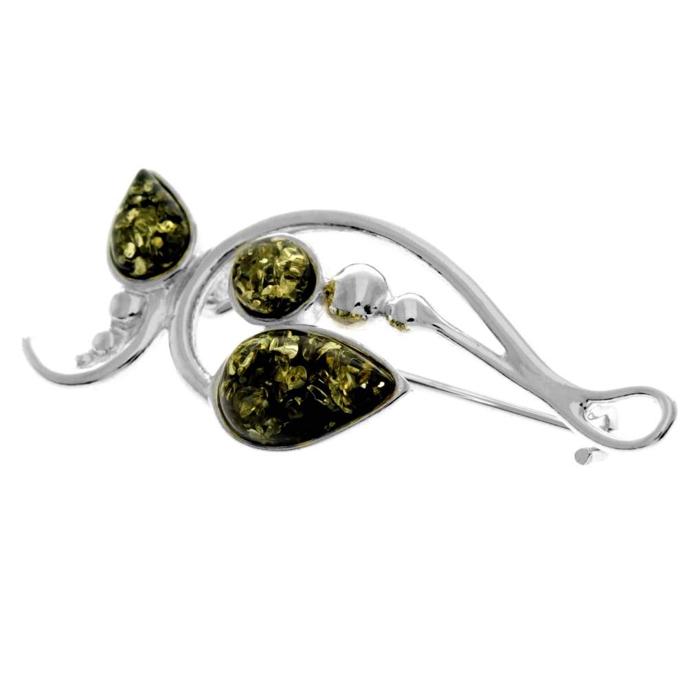 925 Sterling Silver & Genuine Baltic Amber Modern Brooch - M807