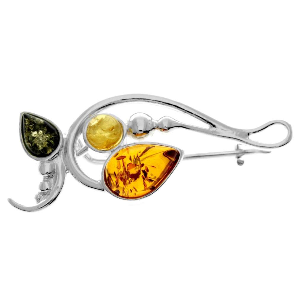 925 Sterling Silver & Genuine Baltic Amber Modern Brooch - M807