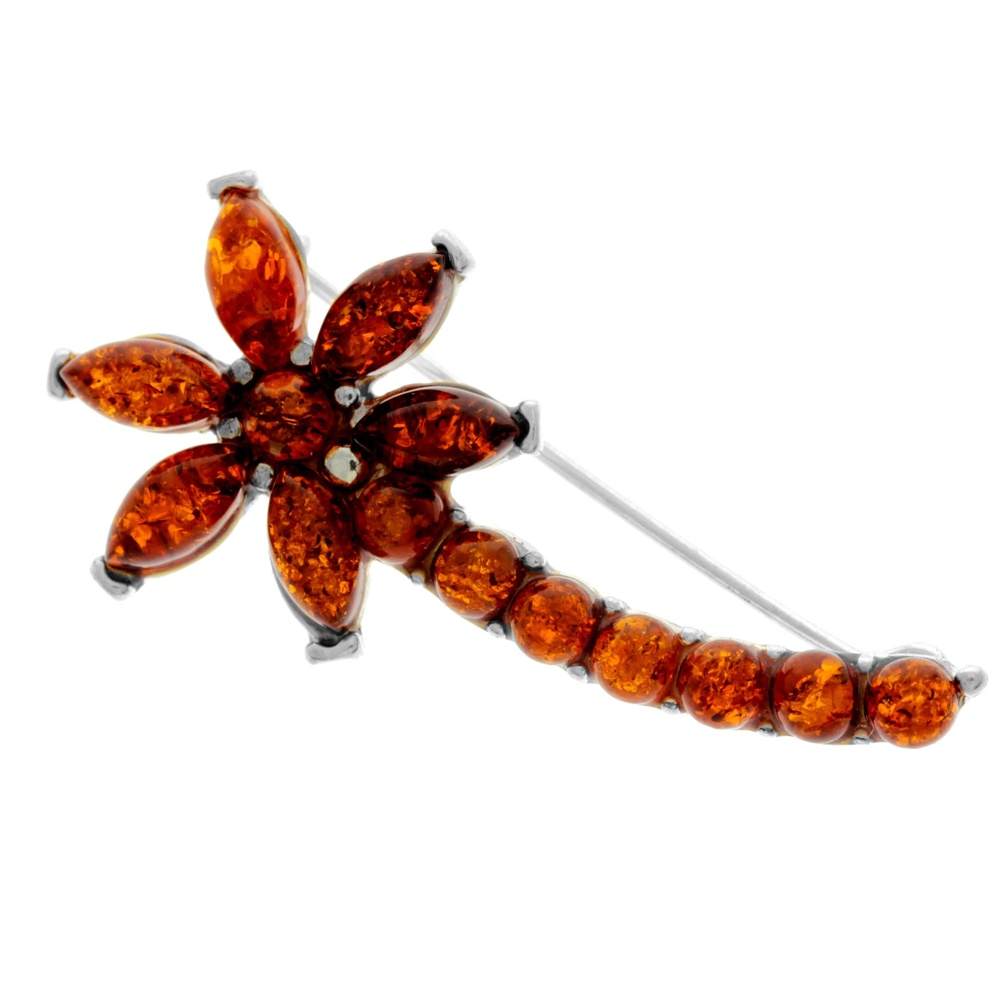 925 Sterling Silver & Genuine Baltic Amber Flower Brooch - M812