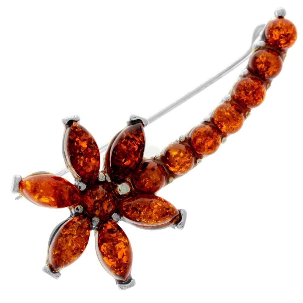 925 Sterling Silver & Genuine Baltic Amber Flower Brooch - M812