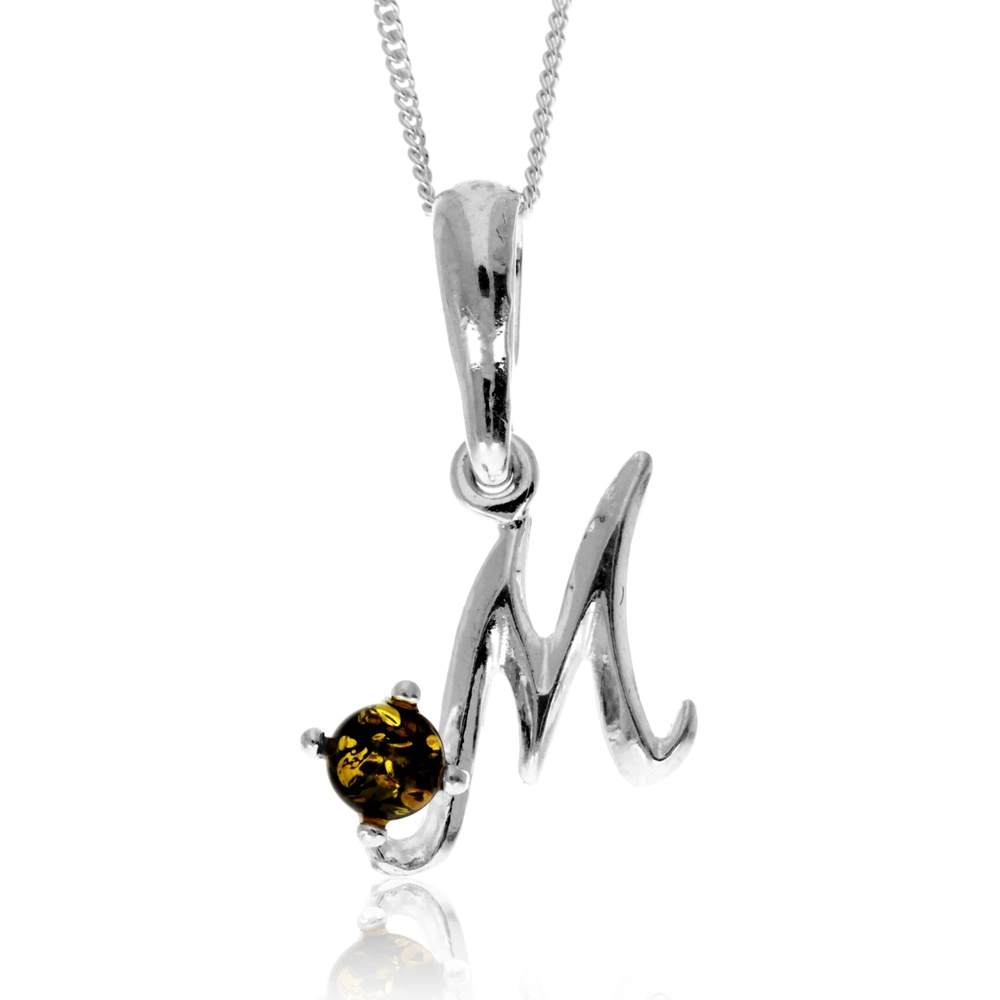 925 Sterling Silver & Genuine Baltic Amber Initials Alphabet Letters Pendant - AP