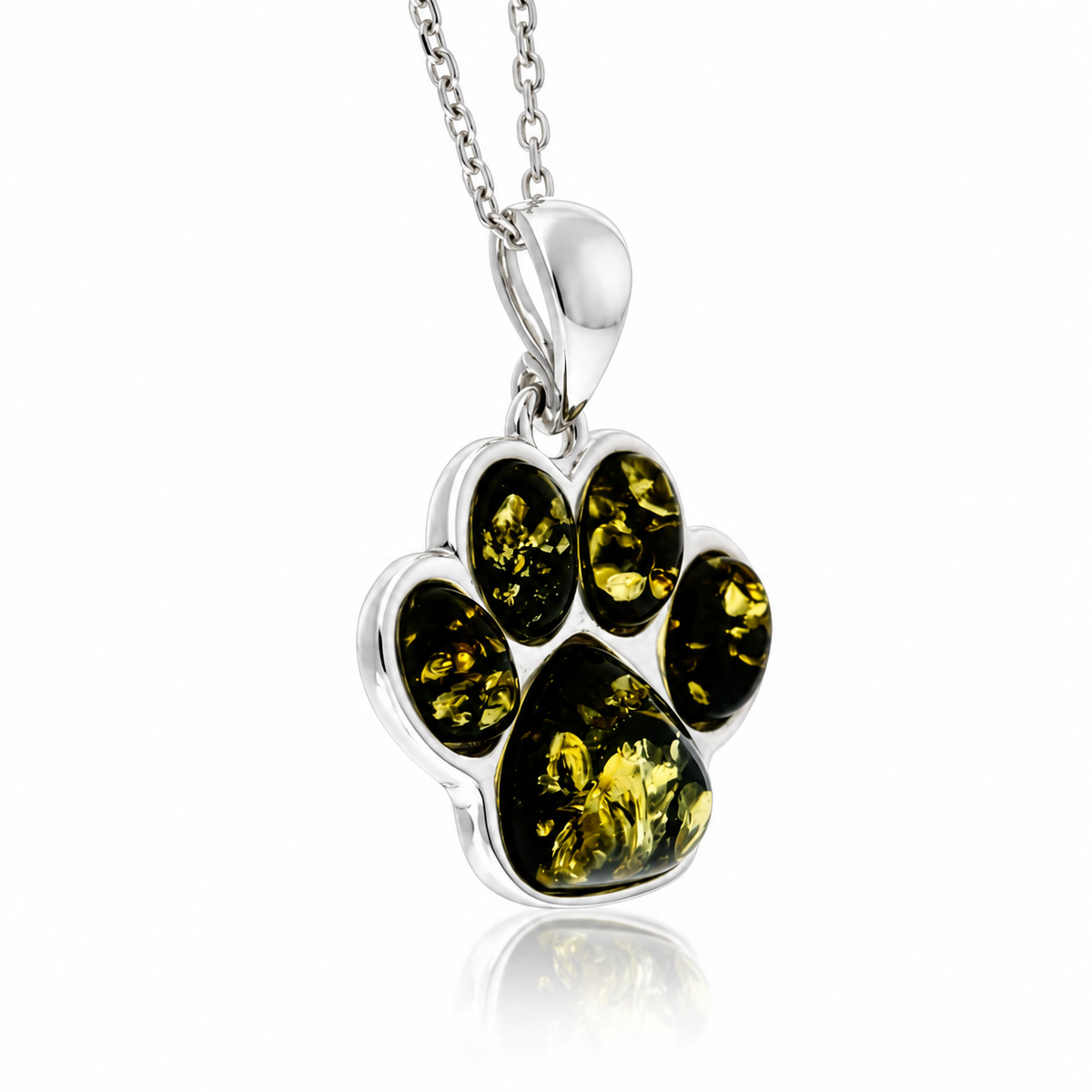 925 Sterling Silver & Genuine Baltic Amber Dog / Cat Paw Pendant - BS200