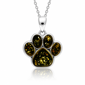 925 Sterling Silver & Genuine Baltic Amber Dog / Cat Paw Pendant - BS200