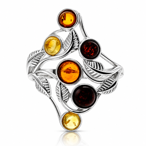 925 Sterling Silver & Genuine Baltic Amber Modern Multi-Stones Ring - GL758