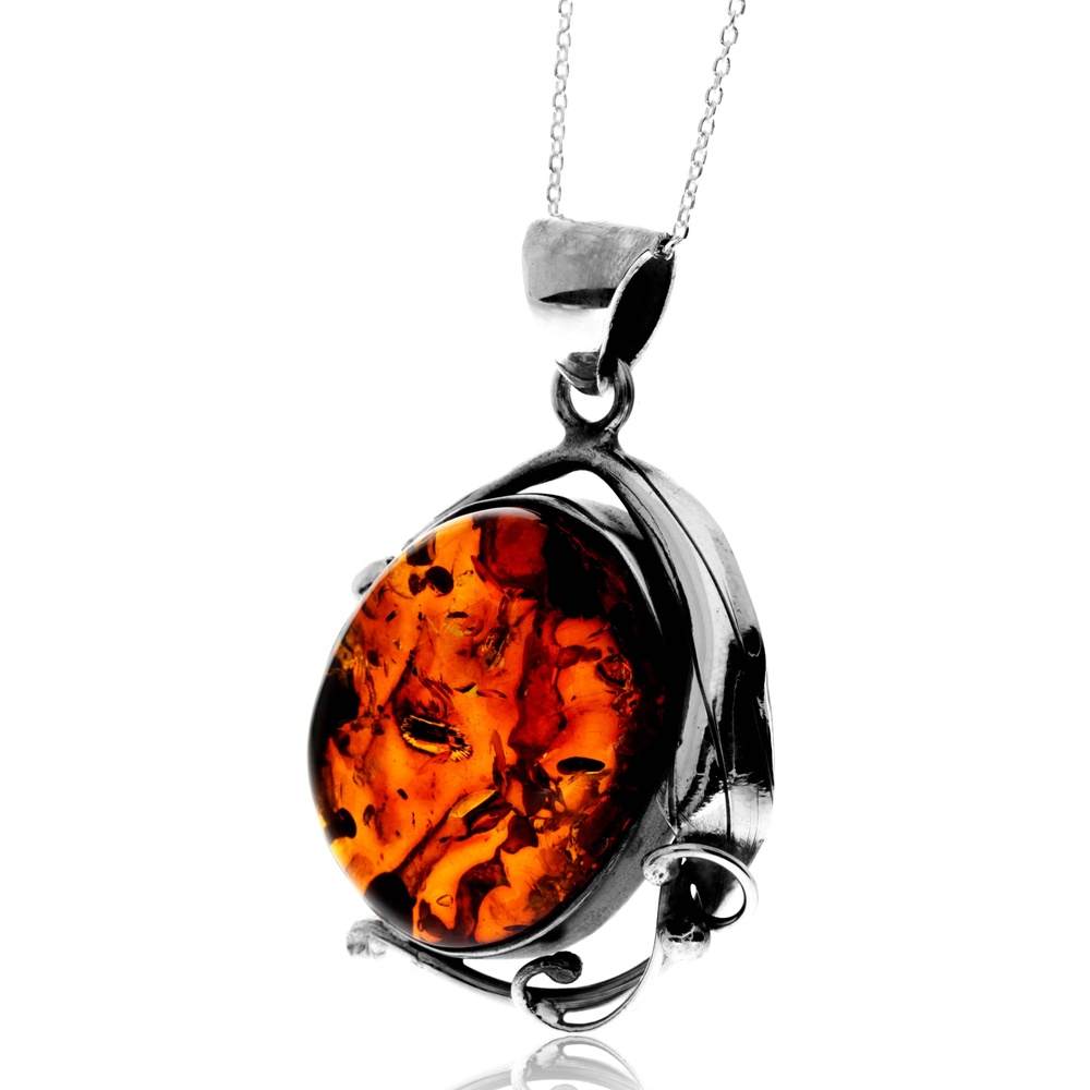 925 Sterling Silver & Genuine Cognac Baltic Amber Unique Exclusive Pendant without a chain - PD0962