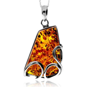 925 Sterling Silver & Genuine Cognac Baltic Amber Unique Exclusive Pendant without a chain - PD0976