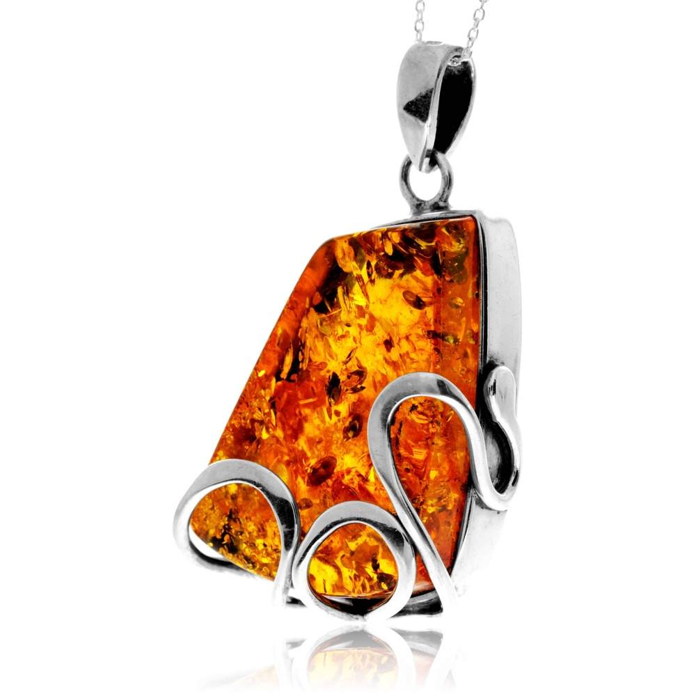 925 Sterling Silver & Genuine Cognac Baltic Amber Unique Exclusive Pendant without a chain - PD0976