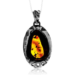 925 Sterling Silver & Genuine Cognac Baltic Amber Unique Exclusive Pendant without a chain - PD2436