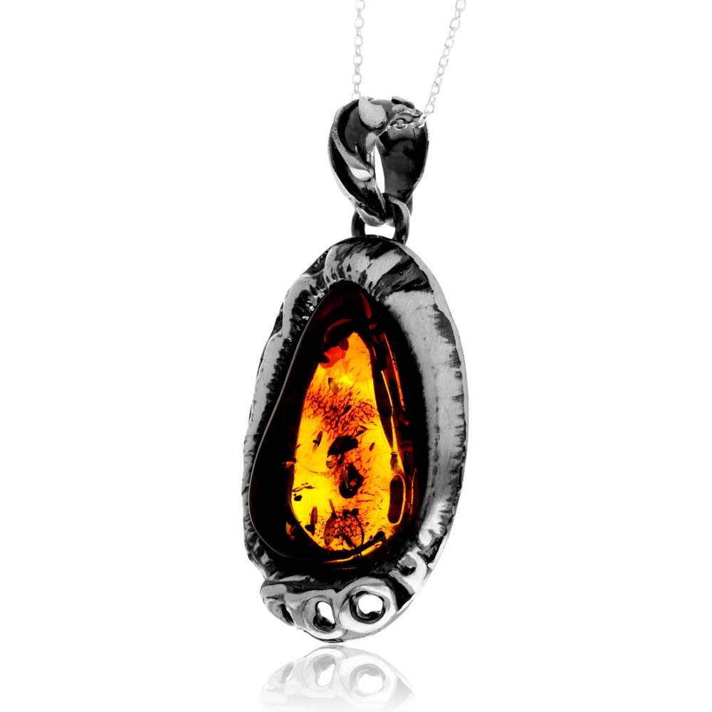 925 Sterling Silver & Genuine Cognac Baltic Amber Unique Exclusive Pendant without a chain - PD2436