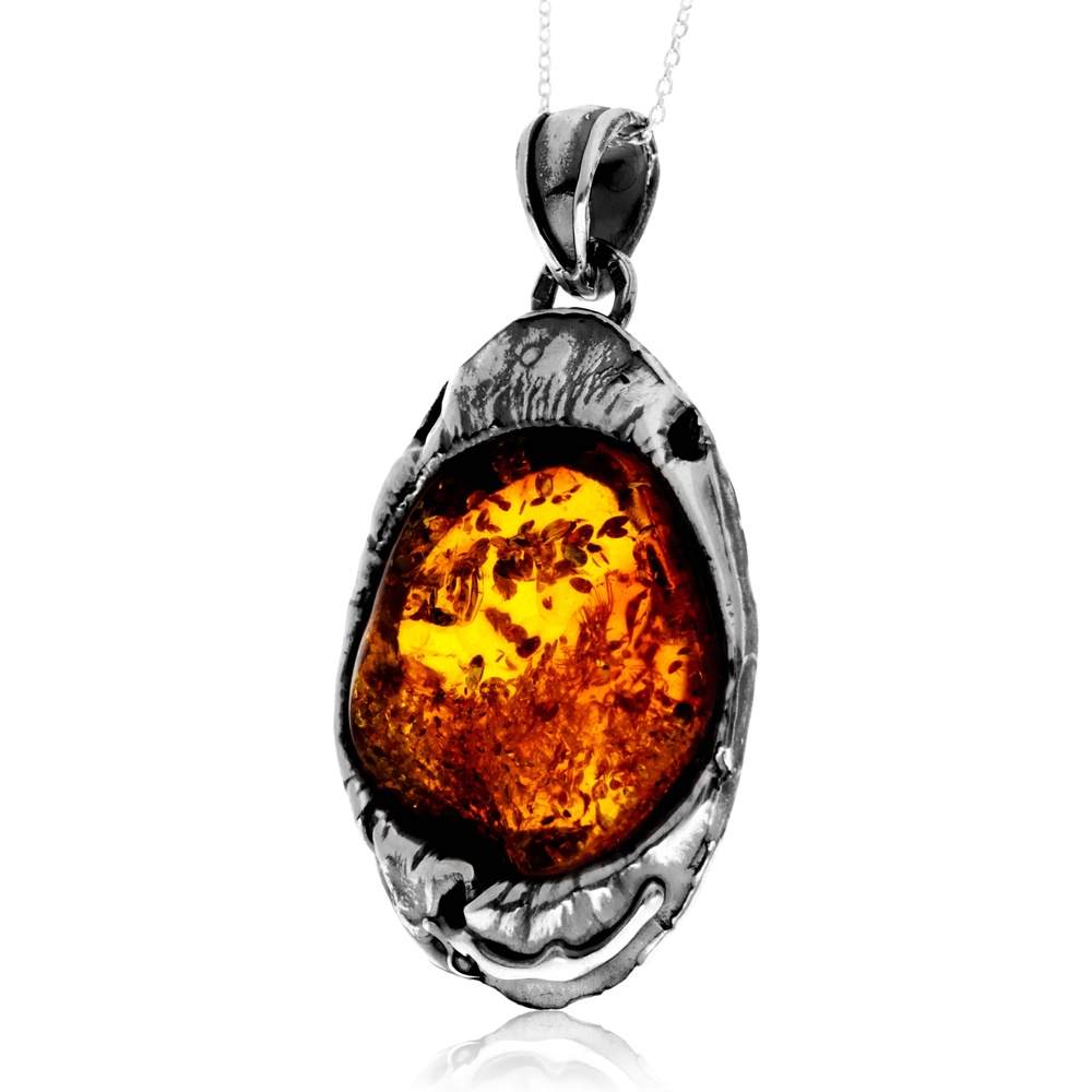 925 Sterling Silver & Genuine Cognac Baltic Amber Unique Exclusive Pendant without a chain - PD2438