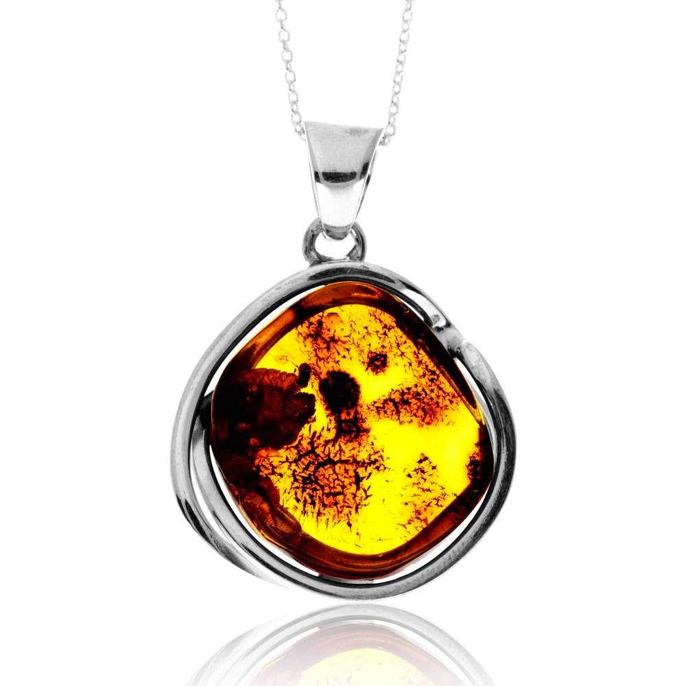 925 Sterling Silver & Genuine Cognac Baltic Amber Unique Exclusive Pendant without a chain - PD2446