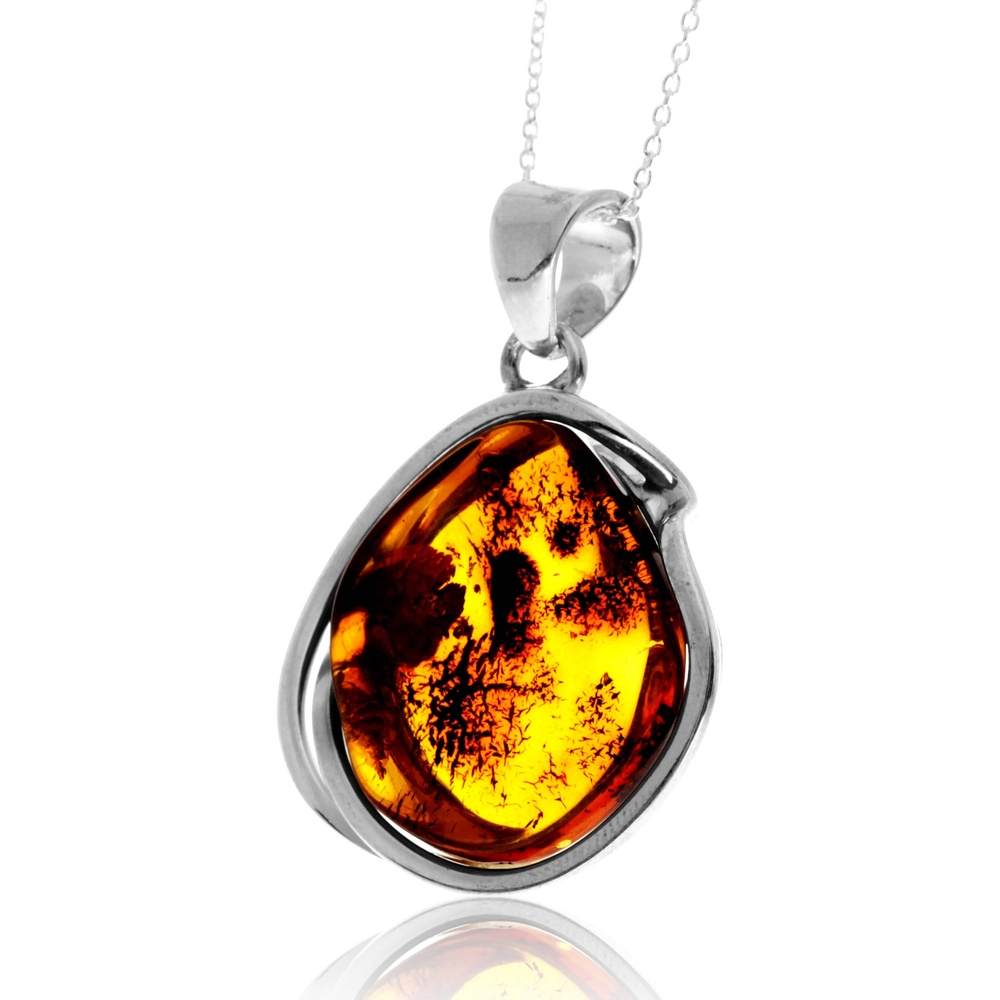 925 Sterling Silver & Genuine Cognac Baltic Amber Unique Exclusive Pendant without a chain - PD2446