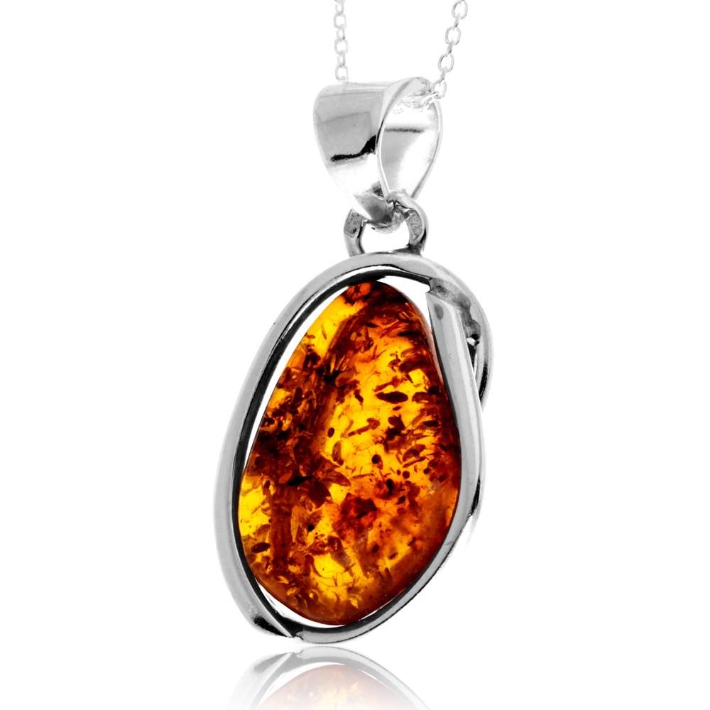925 Sterling Silver & Genuine Cognac Baltic Amber Unique Exclusive Pendant without a chain - PD2447