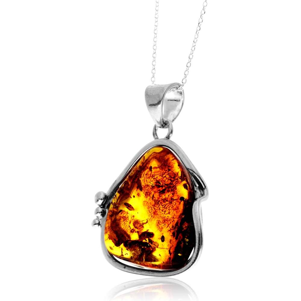 925 Sterling Silver & Genuine Cognac Baltic Amber Unique Exclusive Pendant without a chain - PD2448